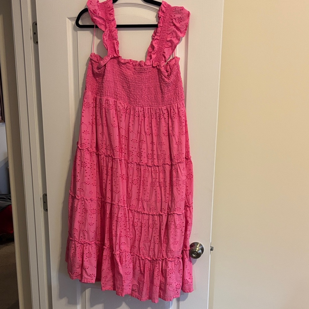 Crown & Ivy Pink Ruffled Eyelet Midi Dress